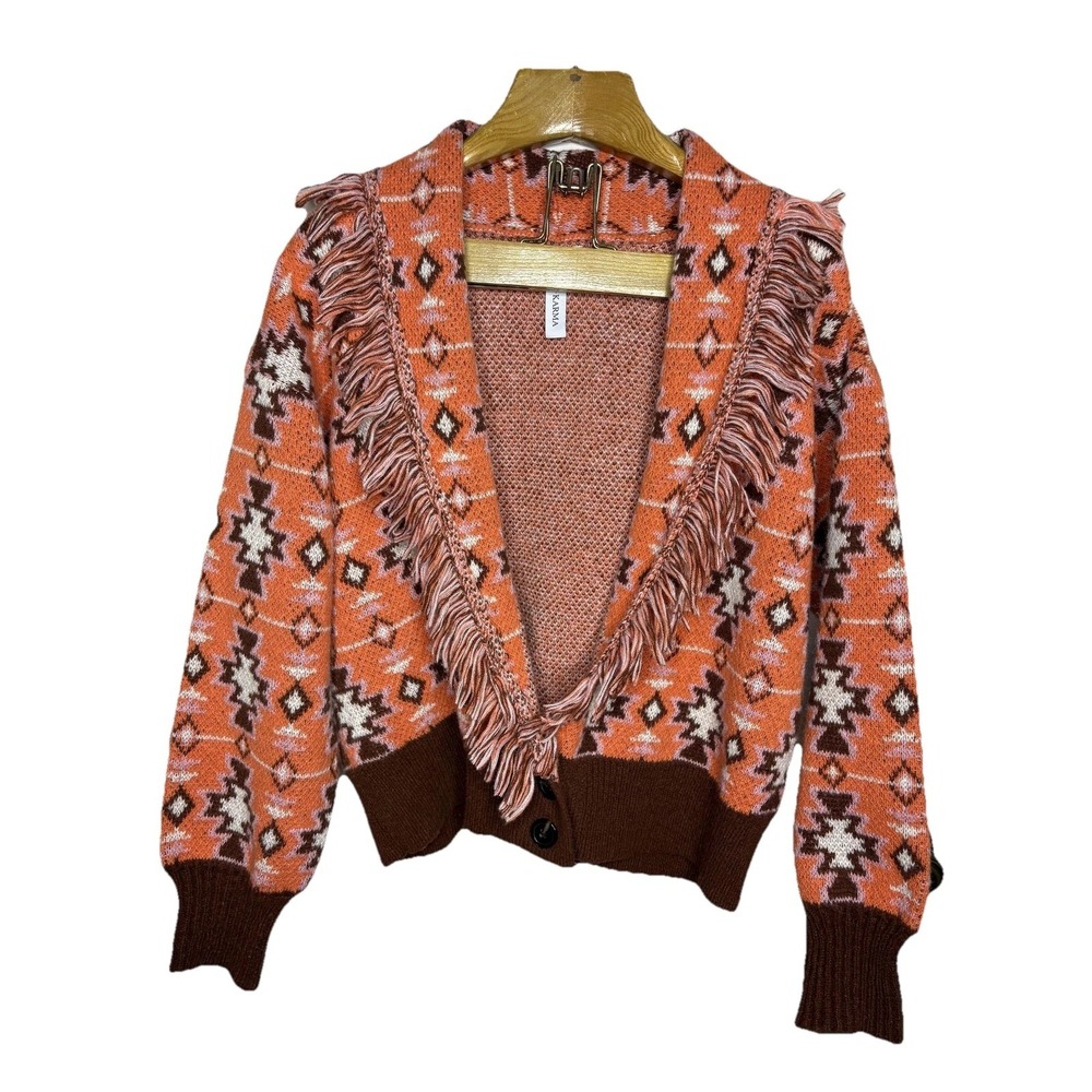 Grace & Karma Cardigan Sweater Womens XL Orange Fringe Western Tribal Knit Boho
